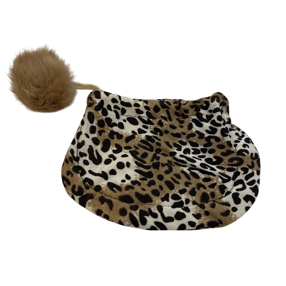 Leopard Print Coin Purse Cat Ear Design with‎ PomPom Closure Drawstring Bag